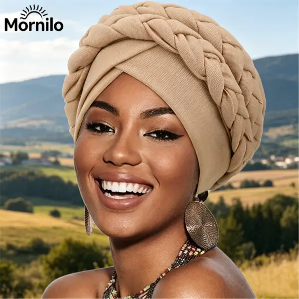 1Pc Pre-Tied Braided Turban for Women, Soft Stretch Breathable African Twist Braid Headwrap, Full Head Coverage Comfortable No Wrap Needed Turban Hat for Church Wedding Chemo Daily Wear