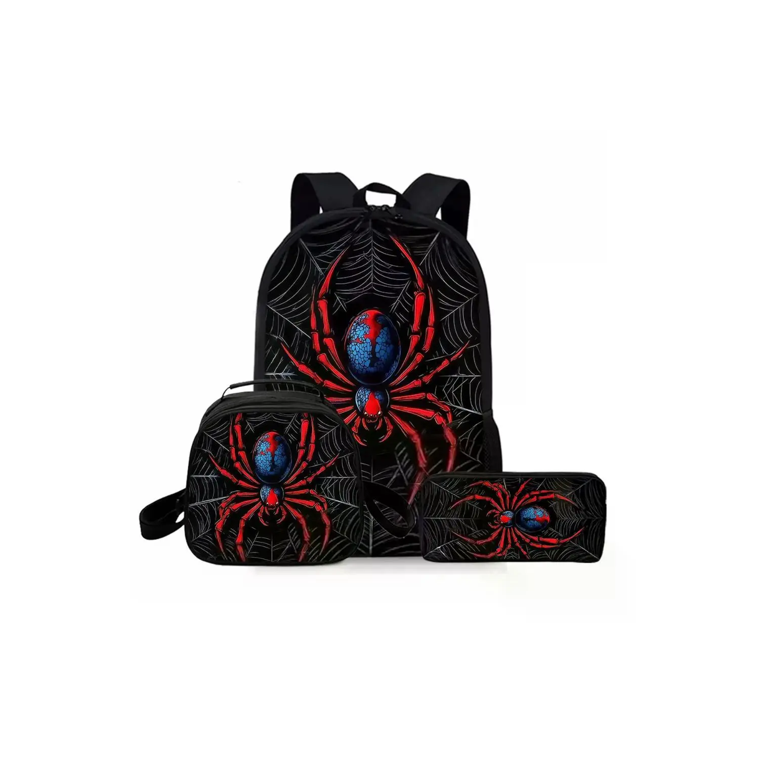 17-inch Spider Pattern Printed Casual Backpack 3-Piece Set, Combo with Single-Layer Backpack, Shoulder-Strap Round Lunch Bag & Single-Layer Pencil Case