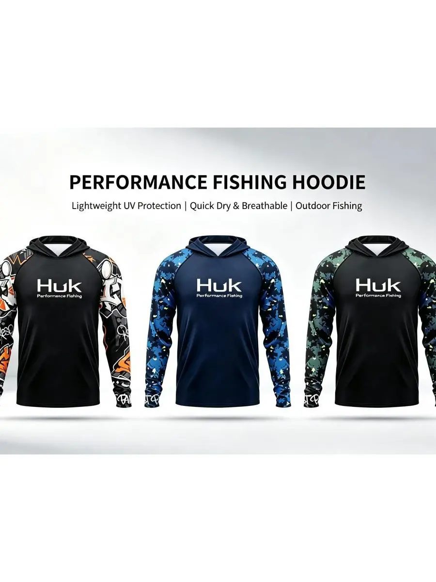 Men's Hooded Sun Shirt with Ocean Graphic, Long Sleeve UPF 50 Breathable & Quick-Dry Full Length Tops for Sports Activities, Hooded Cut, Machine Wash