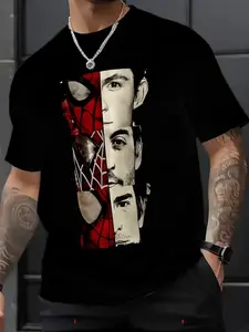 Summer New Spider-Man Print T-Shirt, American Retro Film Style, Loose Round Neck Unisex Short Sleeve, Casual Fitted Top