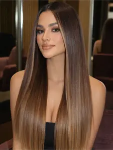 Chocolate Brown, Caramel Brown, and Light Brown Gradient 28 Inch Heat-Resistant Synthetic Lace Front Wig, 13x4 Lace Area, Free Part, Pre-Plucked Natural Hairline, Perfect for Daily and Party Wear