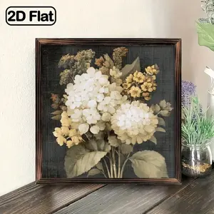 2D Flat, 8x8 Inch Vintage Hydrangea Flower Wall Pediment - Recycled Wood Frame Horizontal Botanical Panel, Hydrangea Foliage Artwork Suitable for Living Room, Kitchen, Bedroom, Bathroom - Mother's Day Gift, Farmhouse & Boho Decor, Easy Mounting, 2D
