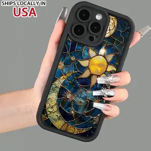 Vintage Phone Case Moon and Sun Pattern Case for IPhone 16 15 14 Pro Max 13 12 11 XR XS Plus Shockproof Non Slip Military-Grade Protection Silicone Cover