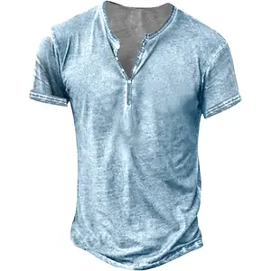 Imily Bela Mens Distressed Henley Shirts Short/Long Sleeve Button T-Shirt Slim Fit Cotton Casual Shirt Menswear Top