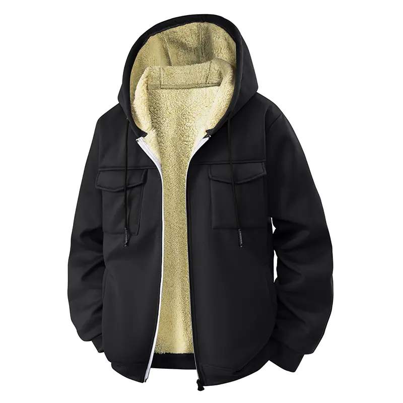 American Style Autumn Winter New Thick Fleece Lined Hooded Cardigan Warm Versatile Jacket
