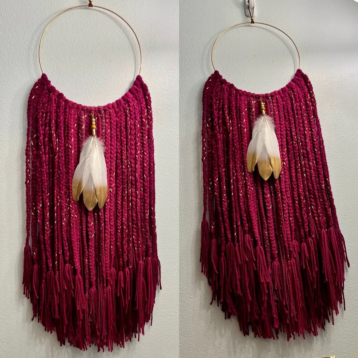 Bohemian Wall Art Decor Handmade Fuchsia Feather Design - Gold Accents
