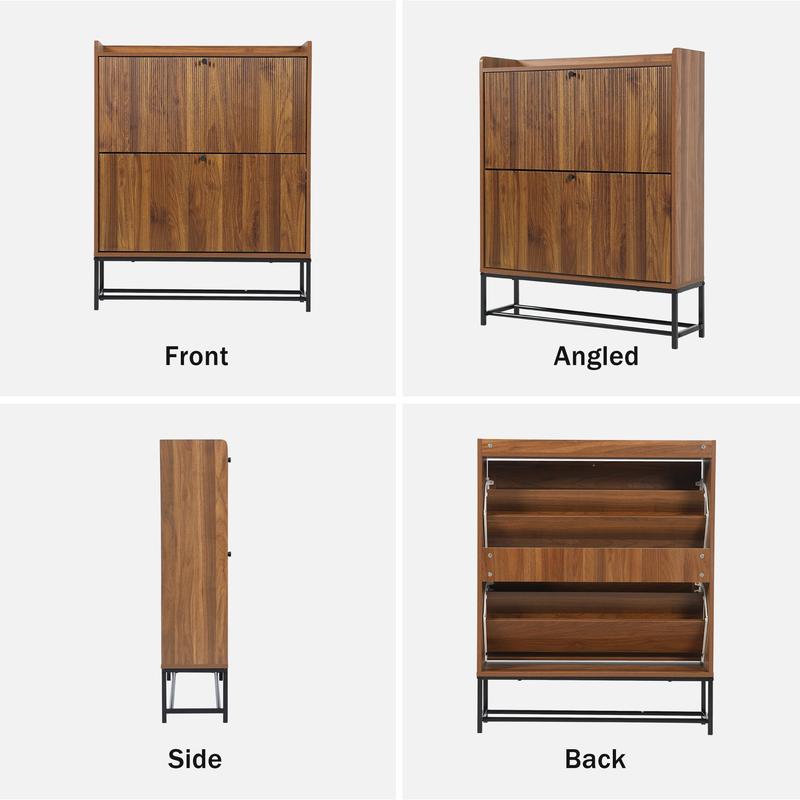 Giratree Fluted Shoe Cabinet with 2 Flip Drawers, Modern Slim Shoe Storage Organizer, Narrow Entryway Shoe Rack, Tipping Shoe Cabinet with Metal Legs for Heels, Boots, Slippers in Entrance