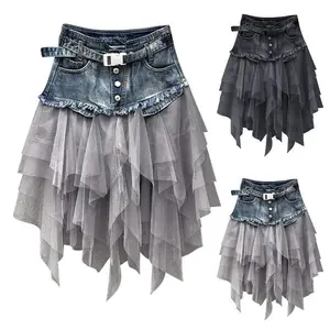 Women's Punk Denim Jeans Sheer Patchwork Lace Skirt High Waist A-line Asymmetric Ruffle Sheer Pleated Midi Skirt Womenswear Bottom