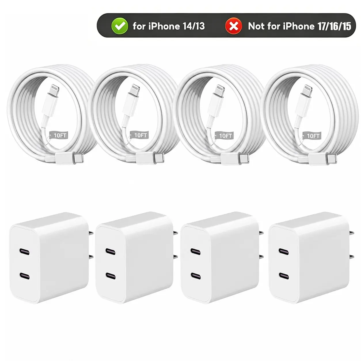 iPhone 14-Specific Dual USB-C Charger, Fast Charging, 1/2/3/4-Pack, 20W 2-in-1 Dual-Port USB Charger, Includes a 10FT USB-C to Lightning Charging Cable, Compatible with iPhone 14/13/12/11/Pro Max/XS/XR Protection