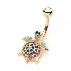 Gold Tone Multicolor Crystal Paved Turtle Belly Button Ring - 316L Stainless Steel