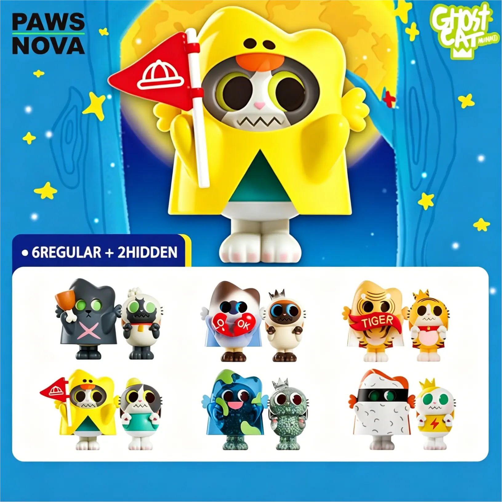 PAWSNOVA Trouble Crew Ghost Cat Blind Box Toy,Collectible Figures for Home Decor or Gift