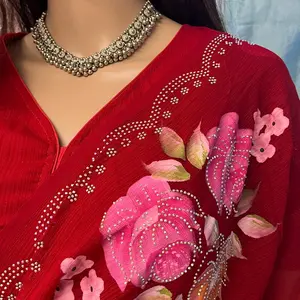 Women's Brush Print Chiffon Sari Set.Falls pico done ready to wear comes with Stitch blouse and peticoat-Top Quality - Womenswear