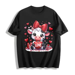 [Valentine'S Day Gift] Women'S Winter Clothes Cow Wearing Diamond Bow LOVE Print Round Neck Short Sleeve T-Shirt Comfortable Soft Fashionable Elegant Retro Casual Versatile Spring, Summer