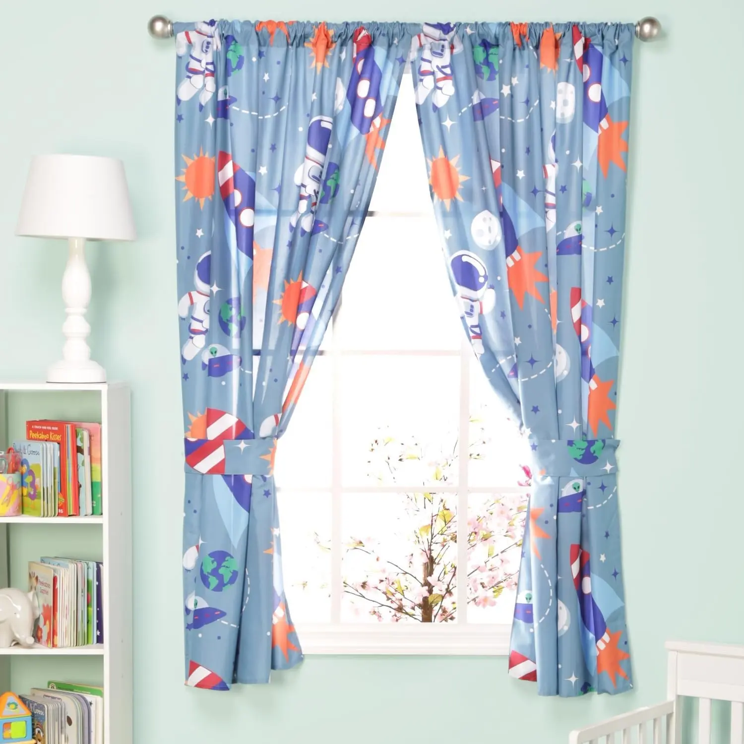 Boys Curtains for Space Themed Bedroom Décor with Rockets, Aliens, Sun and Stars; 4-Pc Outer Space Kid Curtains with 2 Panels 82" x 63" Total Size and 2 Tiebacks; Galaxy Classroom and Nursery Curtains