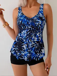 Women's Floral Print Tankini Set, Casual Sleeveless Swim Tank Top & Shorts Swimsuit Set, Ladies Summer Swimwear for Beach Holiday Vacation, Tankini Swimsuits Women