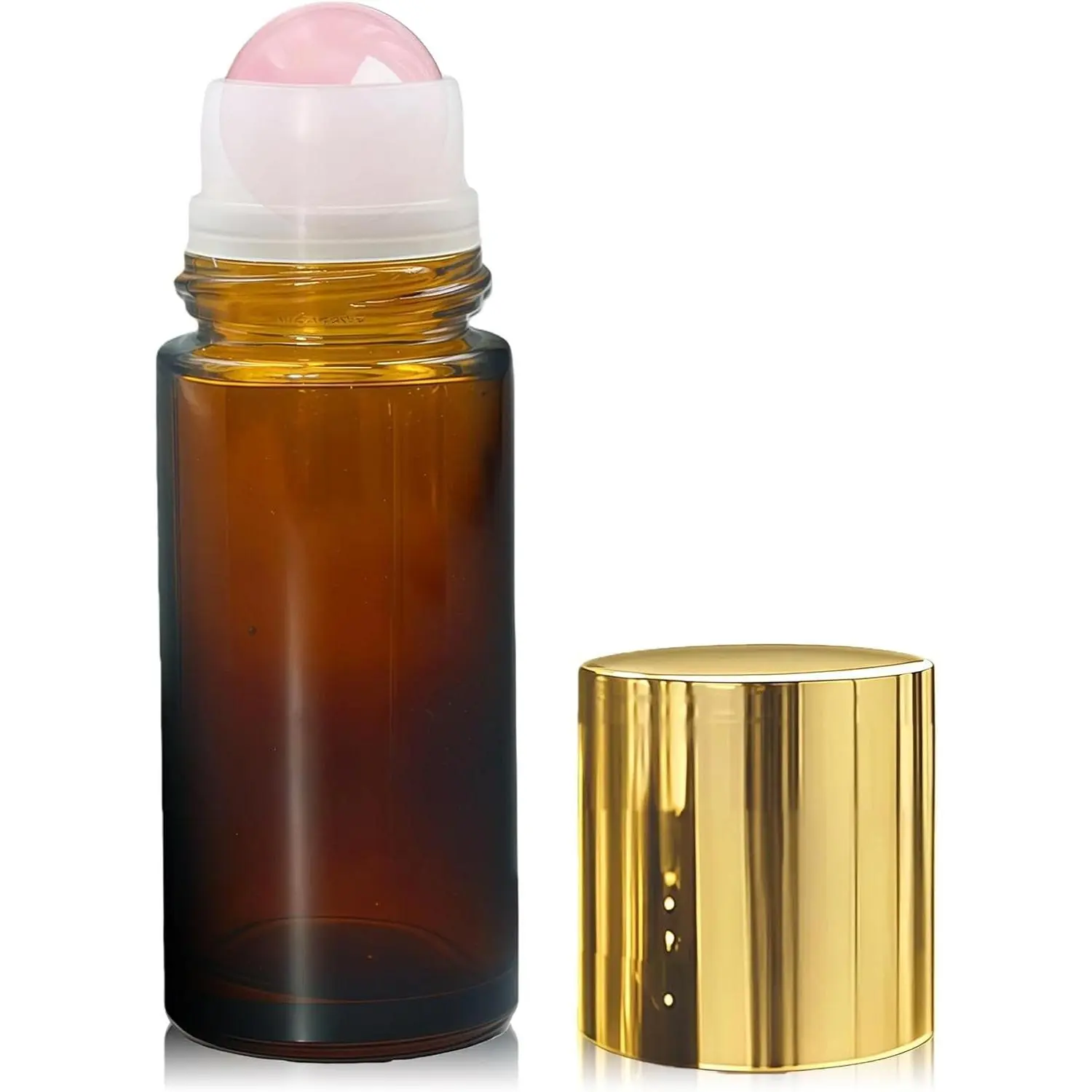 Rose Quartz Roller Bottles for Essential Oils, 50ml Refillable Amber Glass Roll On Bottles with Natural Crystal Roller Balls, Leak-Proof Travel Perfume Bottle with Gold Caps