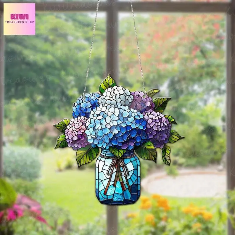 Hydrangeas Bouquet Christmas ACRYLIC Window Hanging, hydrangea flowers lovers gift, Not glass, Kitchen decor, housewarming gift