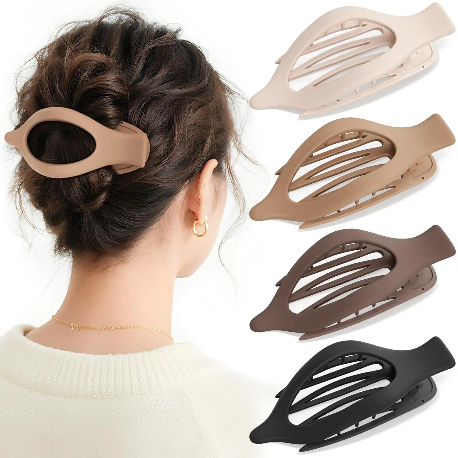 4 count Large Flat Hair Clips for Women Girls,  Concord Lay Down Hair Claw Clips for Thick Thin Hair, Comfortable Curved Flat Clips, Matte Non-slip  Hold Hair Barrettes, Neutral