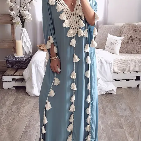 Women's Patchwork Fringe Trim Batwing Sleeve Arabian Muslim Dress, Islamic Clothes, Elegant V-Neck Half-Sleeve Long Robe for Daily Wear, Islamic Clothing for All Seasons