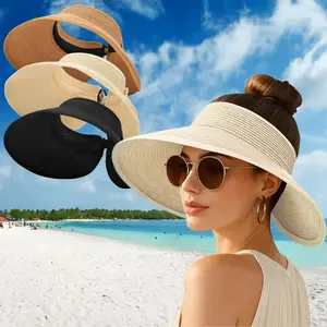 3PCS Foldable Straw Sun Visor Hat for Women, Wide Brim Ponytail Beach Hat, Breathable UV Protection Summer Cap, Portable Foldable Design, Trendy Aesthetic Vacation Essentials, Lightweight Outdoor Travel Pool Party Casual Sun Hat for Ladies derby