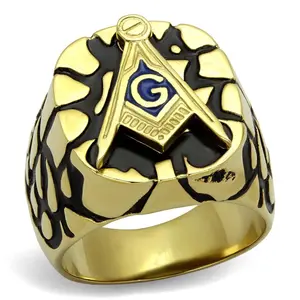 Men's Mason Cobblestone Design Masonic Freemason Ring Stainless Steel with Yellow Gold Plating