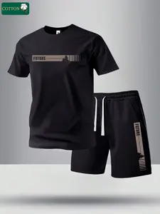 Men’s summer regular-fit cotton short-sleeve T-shirt and shorts set featuring a pine tree print and “FUTURE” lettering. Fashionable casual menswear for going out, with pockets and an elastic drawstring waist. Suitable for running, golf, fishing, basketbal