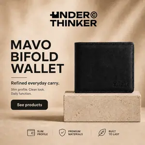 UNDER THINKER Mavo RFID Wallet for Men, Slim Bifold Faux Leather Wallet with ID Window, Holds Up to 9 Cards, Gift Box Included For You