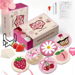 6PCS Punch Needle Coaster Kit,Easy DIY Embroidery Set for Beginners, Kids & Adults with Patterns, Tools, Yarns, Hoop, Instructions & Coaster Holder