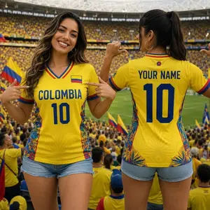 Colombia V-neck Short Sleeve Jersey, Custom Name Number Soccer Jersey for Women, Support Football Team Outfit, Gifts for Soccer Fan