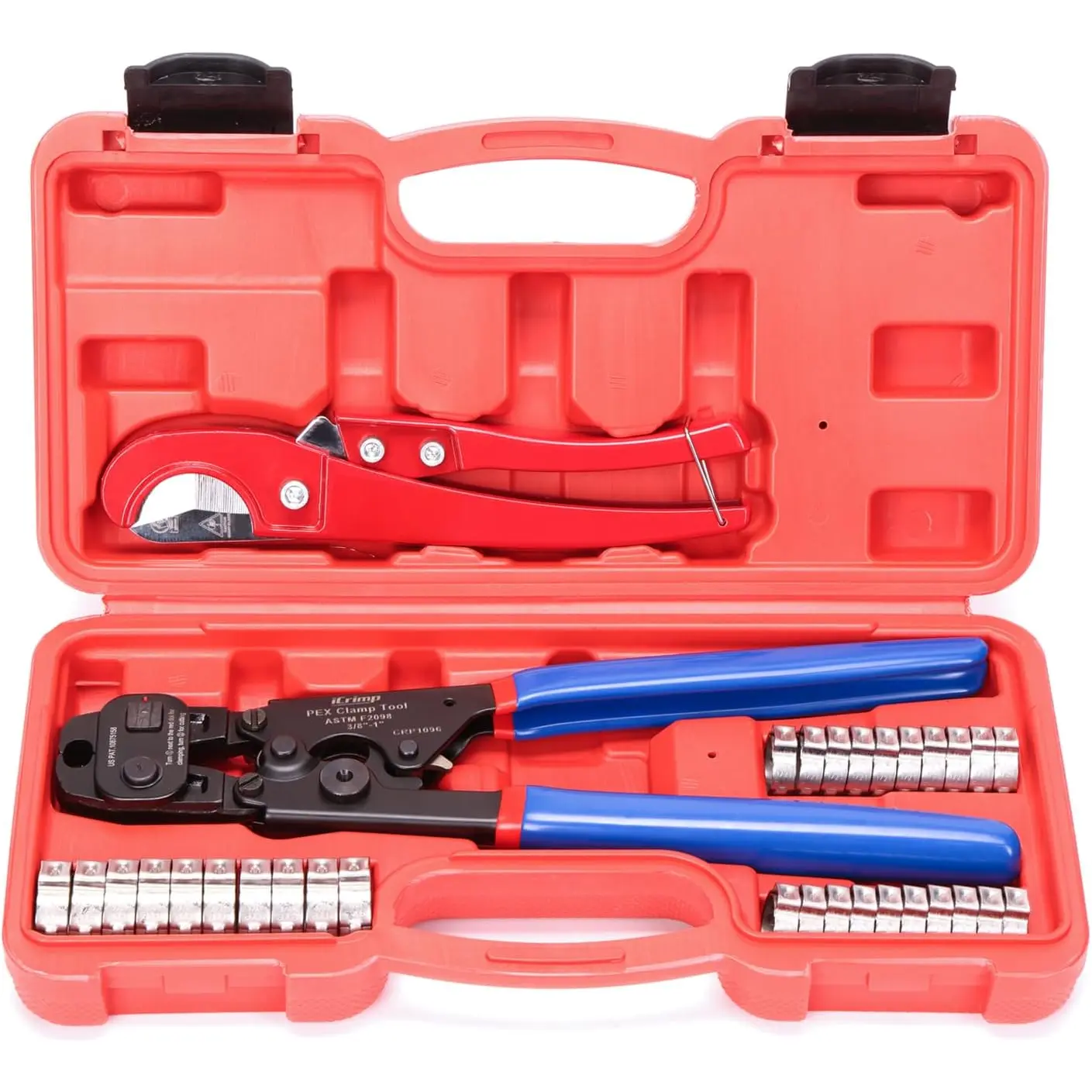 Ratchet PEX Cinch Tool with Removing Function for 3/8-in, 1/2-in, 3/4-in, 1-in Stainless Steel Clamp, PEX Crimper with 20 count 1/2-in, 10 count 3/4-in PEX Clamps and Pipe - in One