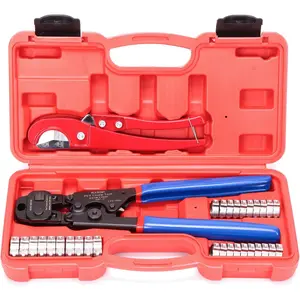 Ratchet PEX Cinch Tool with Removing Function for 3/8-in, 1/2-in, 3/4-in, 1-in Stainless Steel Clamp, PEX Crimper with 20 count 1/2-in, 10 count 3/4-in PEX Clamps and Pipe - All in One