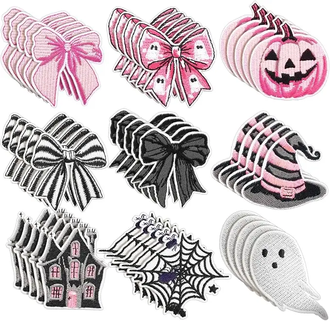 45 Pcs Halloween Bow Patches Pink Black Embroidered Sew on Patches Pumpkin Face Witch Hat Applique DIY Coquette Accessory for Clothes Pants Hats Jeans Decors