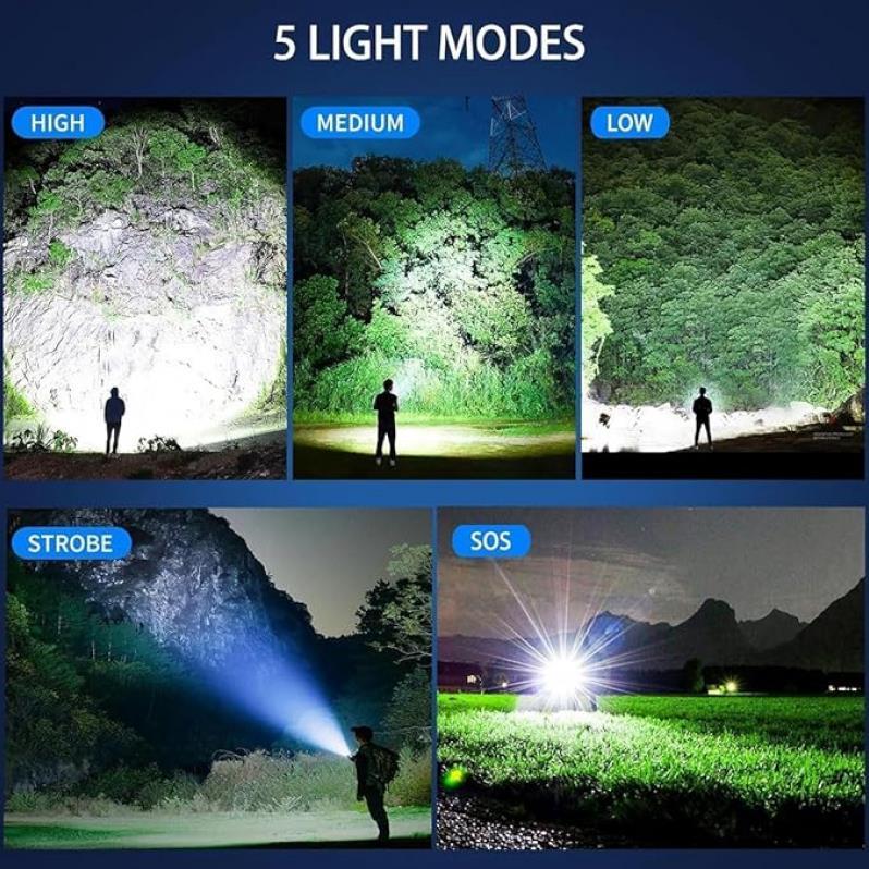 Rechargeable Super Bright LED Flashlight with Digital Display Adjustable Zoom Type-C Charging IP65 Durable Camping Emergency Light for Outdoor Activities