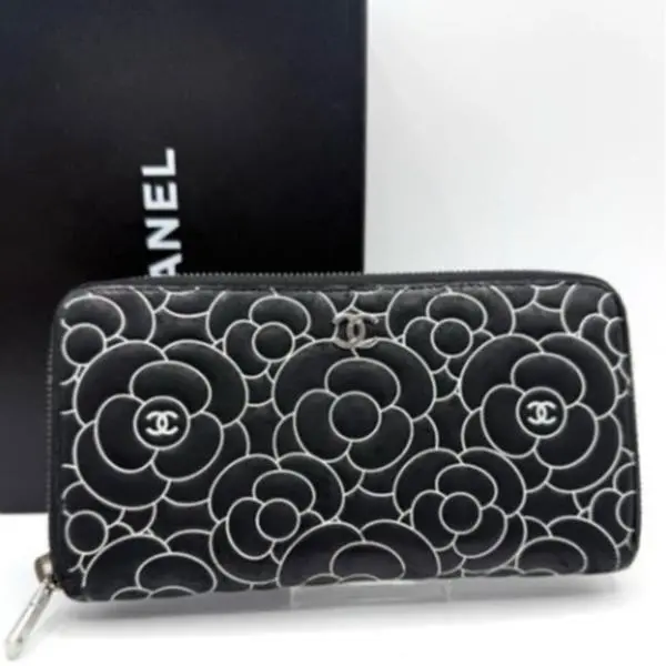Pre-owned CHANEL Coated Canvas Small Leather Goods Black Camellia Embossed Zip Around Long Clutch Wallet J8070237