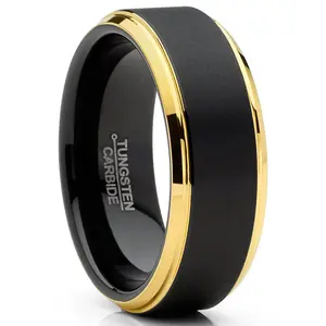 Mens Tungsten Ring Wedding Band Beveled Edges Comfort-fit Black Goldtone 8MM