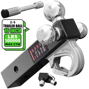 A three-ball trailer hitch mounting base with rotatable hooks and pins - including 3 replaceable balls + one lock - suitable for 2-inch receiver, for safe towing, black metal structure