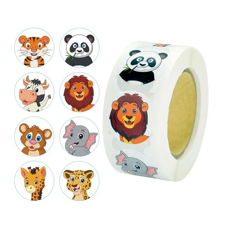 Round Cartoon Animal Pattern Sticker, 500pcs/roll Multipurpose Decoration Sticker Packs for School, Office, Home