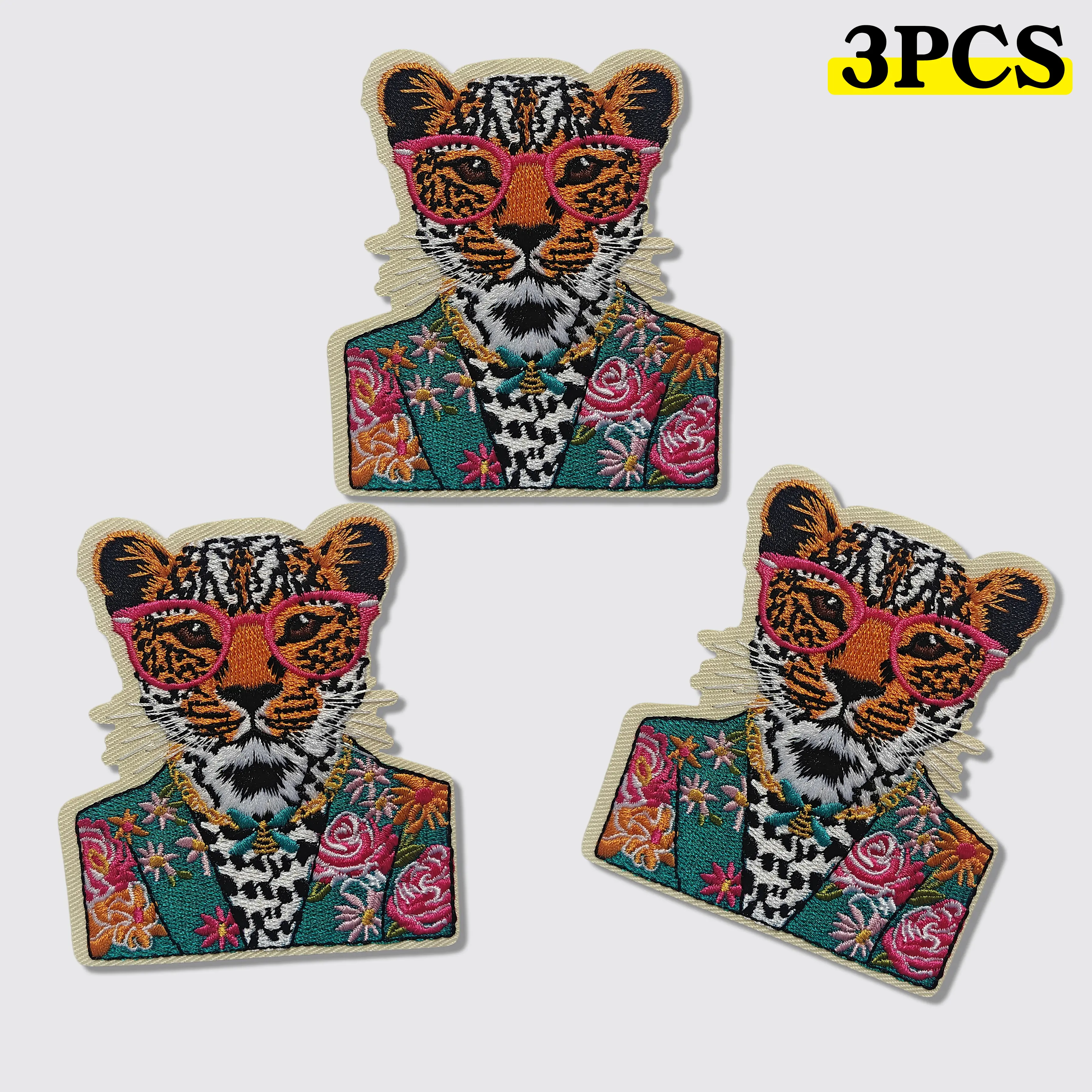 3PCS Hipster Leopard With Pink Glasses Floral Suit Embroidered Iron On Patch, Vintage Fashion Jaguar Animal Applique Badge For Clothing Jacket Backpack Hat Decor Knitting Projects, Handmade
