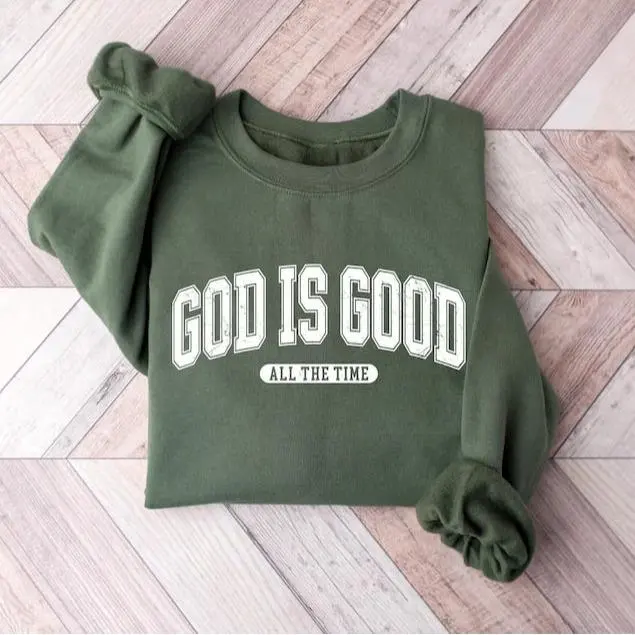 Retro Christian Sweatshirt for Women, "God Is Good All the Time" Crewneck, Nativity Scene Faith Graphic, Cozy Christmas Pullover, Religious Gift Idea with Vintage Aesthetic - ShamCren