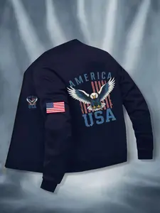 Men's Fall Winter Casual Letter Usa Eagle Print Stand Collar Jacket, Business Style Outdoor Sports Coat, Zipper Closure Design