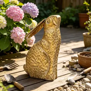 Vintage Distressed Gold Rabbit Figurine - 11.8" H Easter Bunny Decor, Rustic Metal Animal Statue for Home Shelf Mantel Table Holiday Decor (Gold#1)
