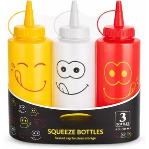 Condiment Squeeze Bottle Set, 12 Oz, Plastic, Smiley  Design + Caps, Red, Yellow and Clear, 3-Pack