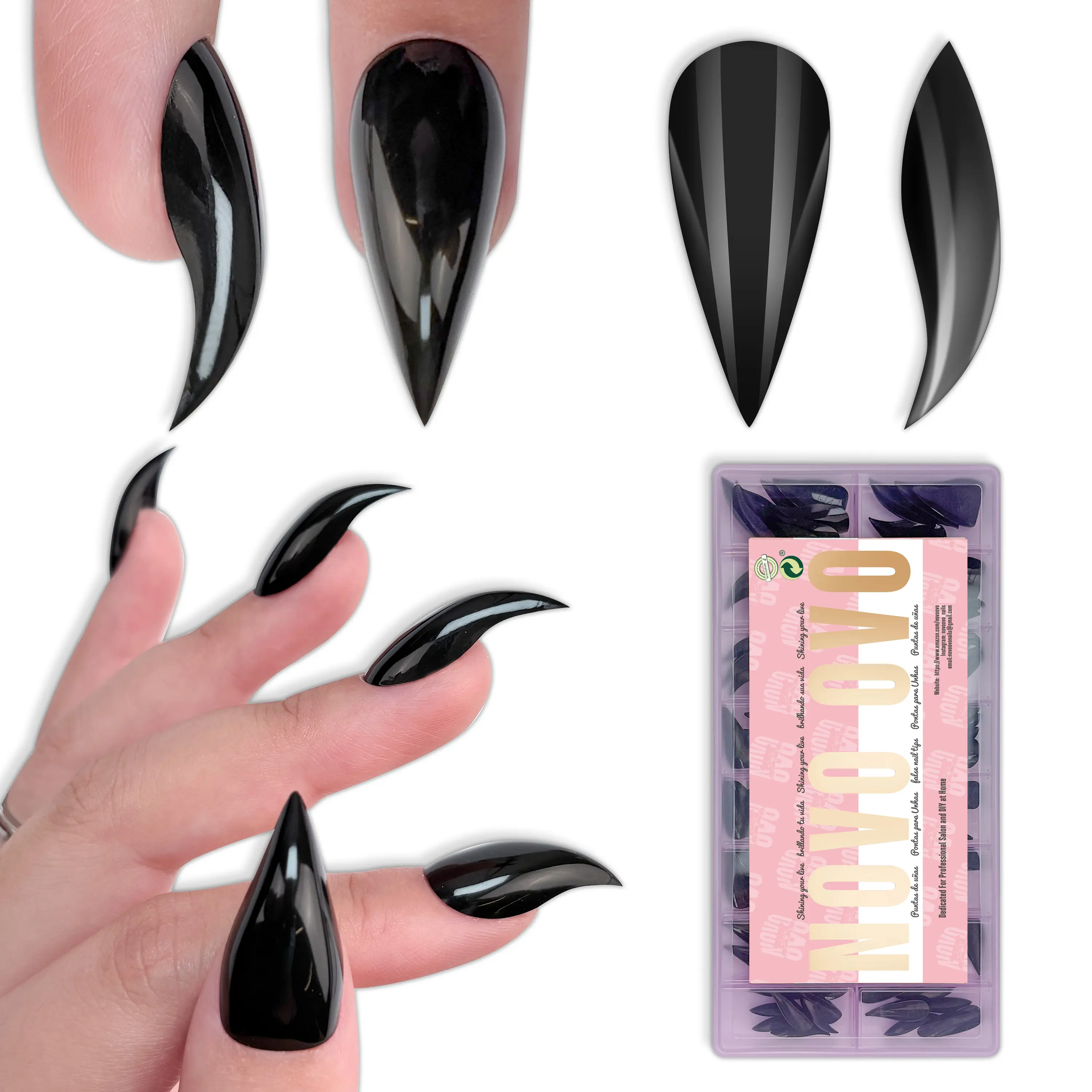 NOVO OVO 3D Cat Claw Nail Tips Black, 128Pcs Short Curved Stiletto Press on Nails with Built-in APEX, PMMA Full Cover Clear Eagle False Nails for Halloween Cosplay & Salon Extension, 16 Sizes