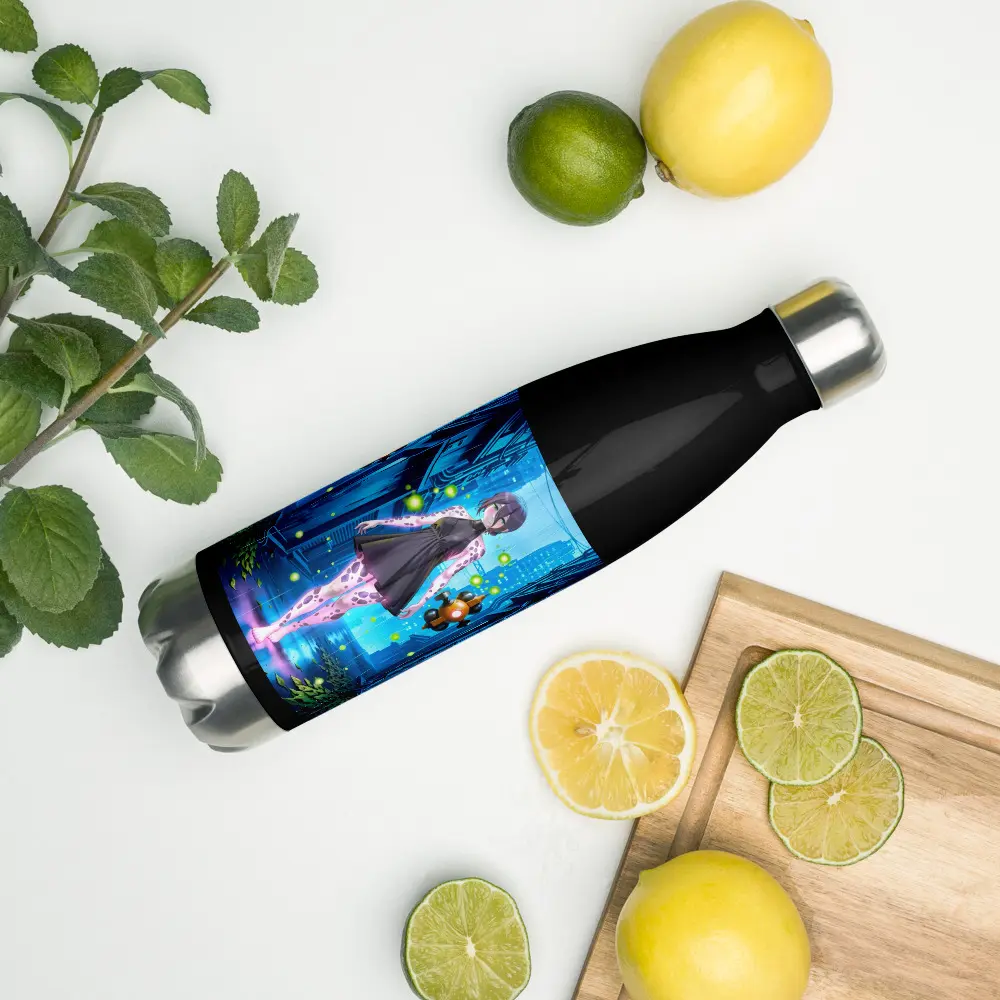Cyber-Nymph Girl Stainless Steel Water Bottle – Futuristic Anime Street Art Design