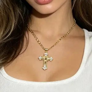 2026 Easter & Mother's Day Gift Exquisite Sparkling Cross Necklace Gold-Plated Faith Pendant Religious Jewelry for Mom Her