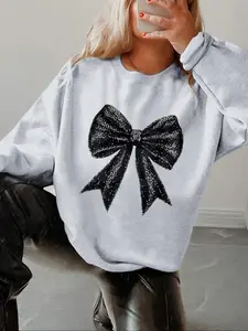 Women's Bowknot Design Pullover Sweatshirt, Casual Long Sleeve Crew Neck Sweatshirt for Winter, Fashion Women's Top for Daily Wear