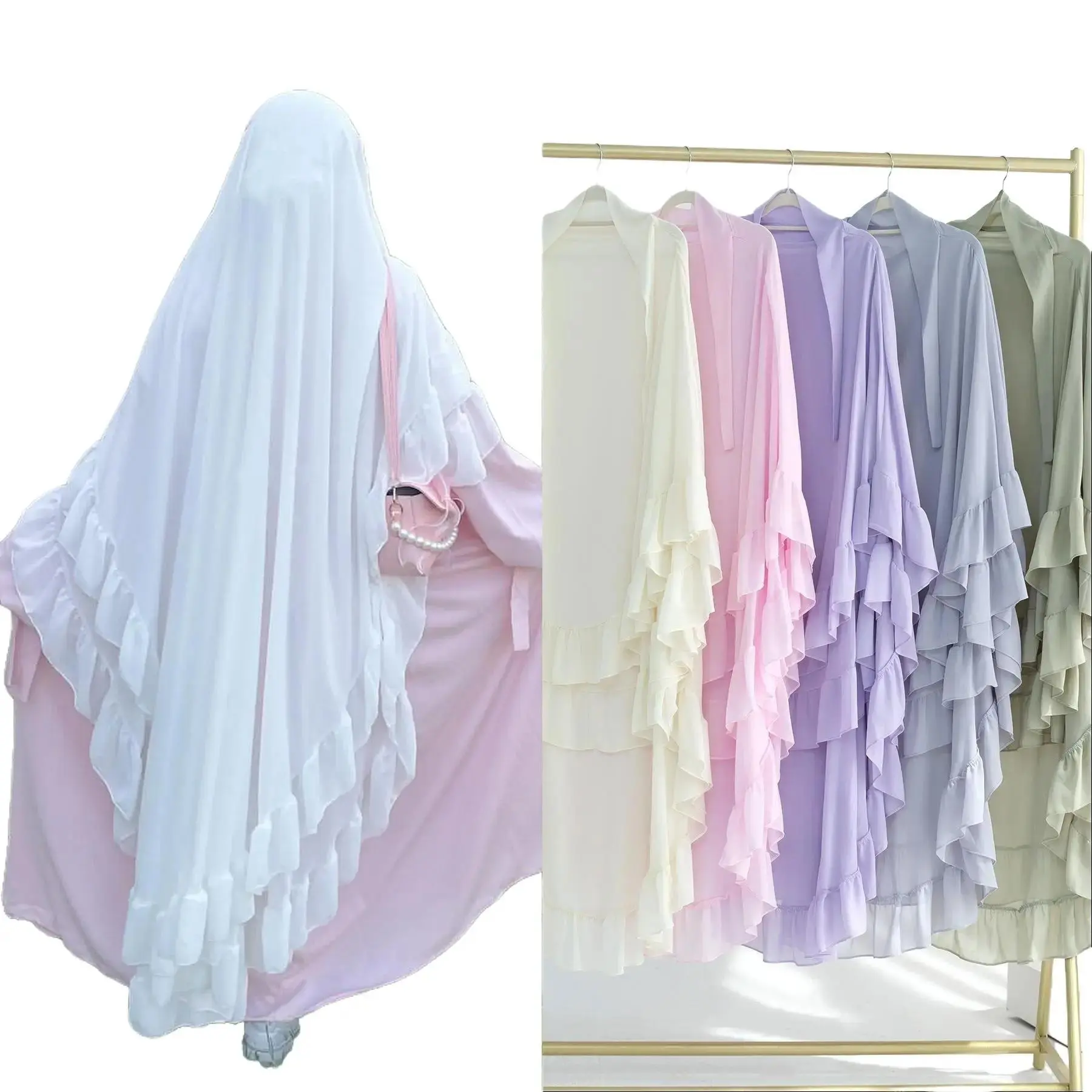 Double Layered Ruffled Hem Solid Color Headscarf - Large Swing Design, Versatile for Various Occasions