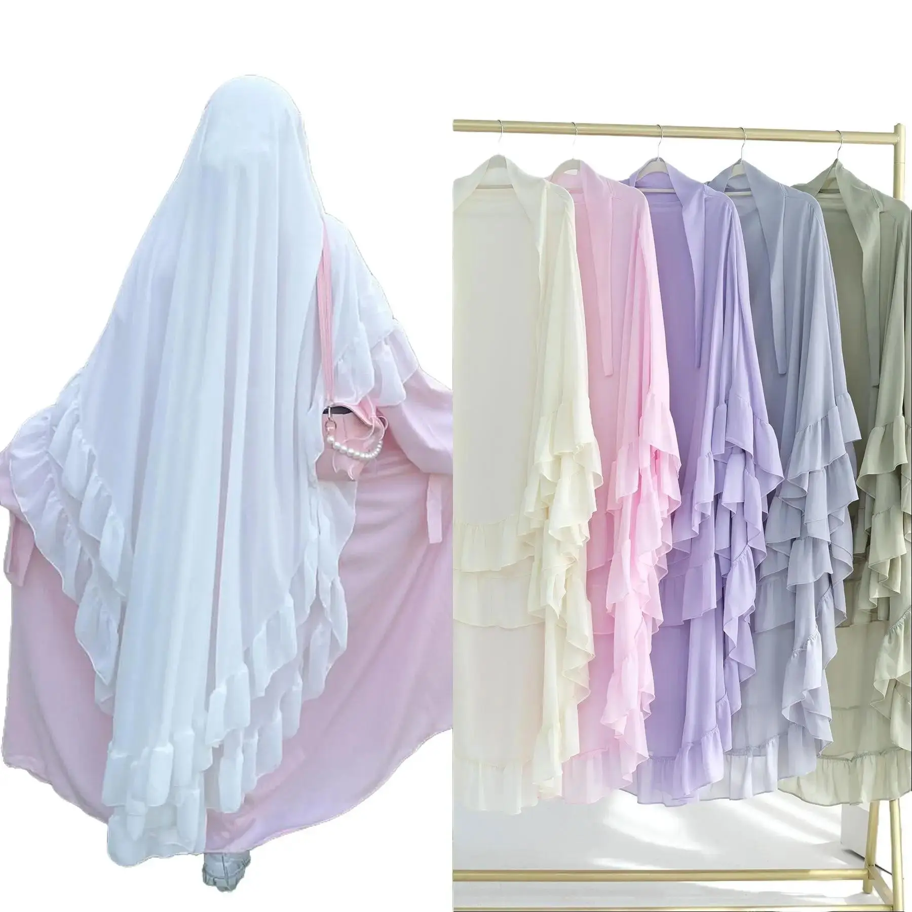 Double Layered Ruffled Hem Solid Color Headscarf - Large Swing Design, Versatile for Various Occasions