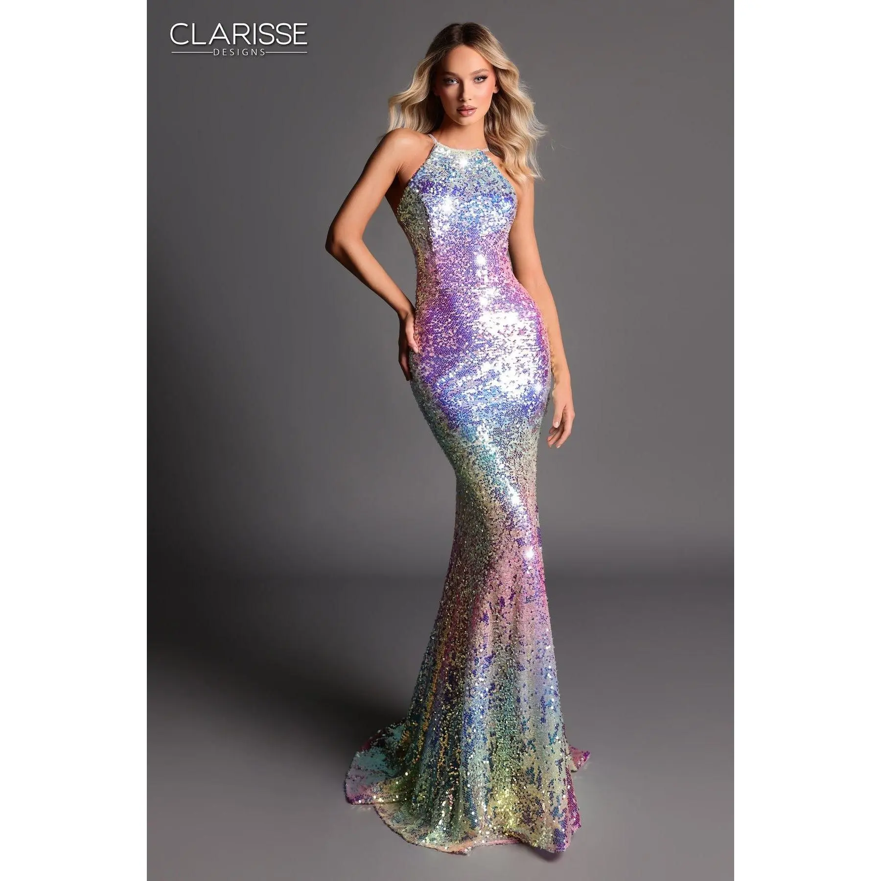 Clarisse -811128 Halter Neck Sequin Rainbow Ombre Sheath Dress