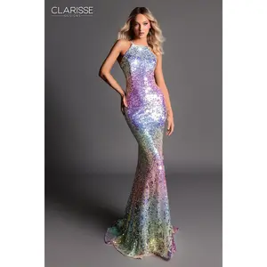 Clarisse -811128 Halter Neck Sequin Rainbow Ombre Sheath Dress